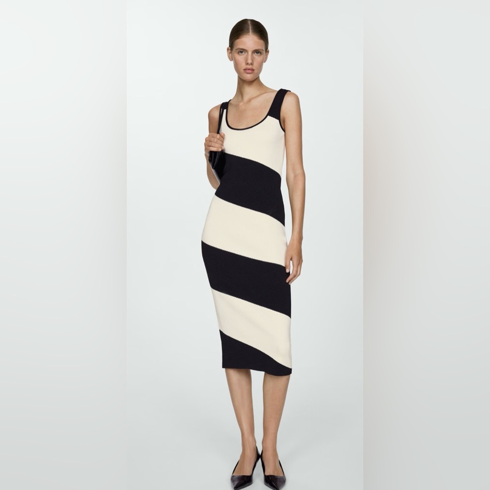 Mango Black and Cream Diagonal Stripe Midi Dress